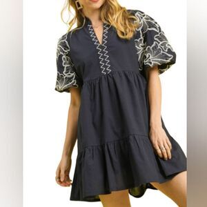 Umgee Tiered Embroidered Puff Sleeve Mini Dress In Black